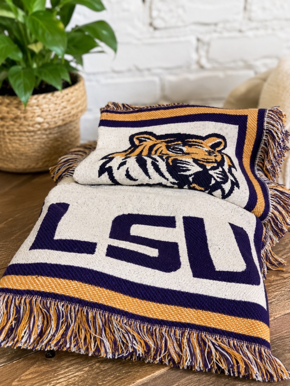 LSU Tigers Woven Throw Blanket Fringe Purple Gold College Football Decor